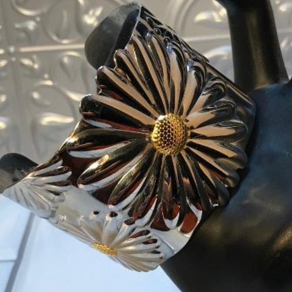 Wide Stainless Steel & Gold-Tone Sunflower Cuff Bracelet - Picture 2 of 9
